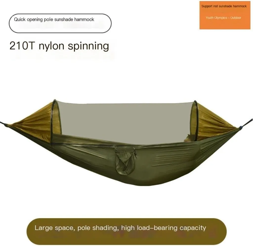 Hammock Double New Sunshade Quick-Open Pole Hammock Sheet Double Outdoor Camping Anti-Rollover Anti-Mosquito Hammock Hammock Outdoor(Green)