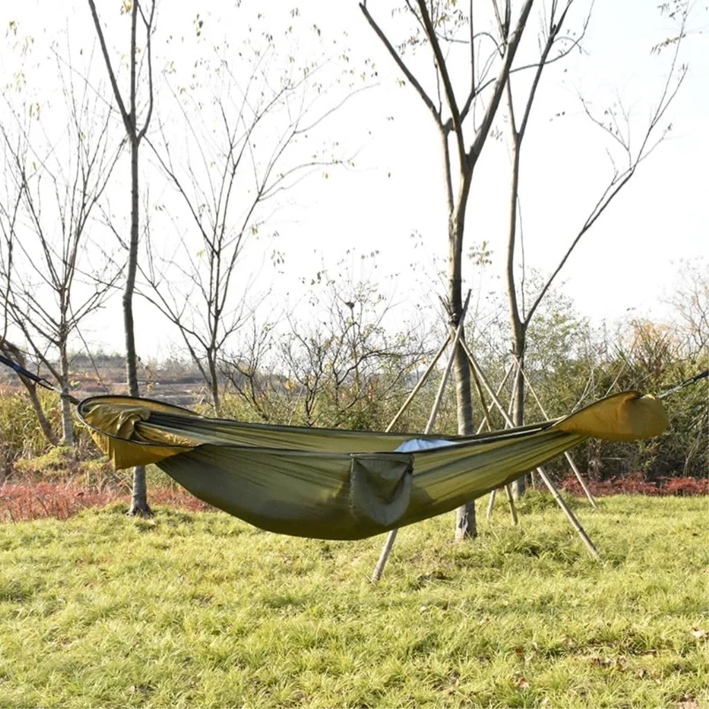 Hammock Double New Sunshade Quick-Open Pole Hammock Sheet Double Outdoor Camping Anti-Rollover Anti-Mosquito Hammock Hammock Outdoor(Green)