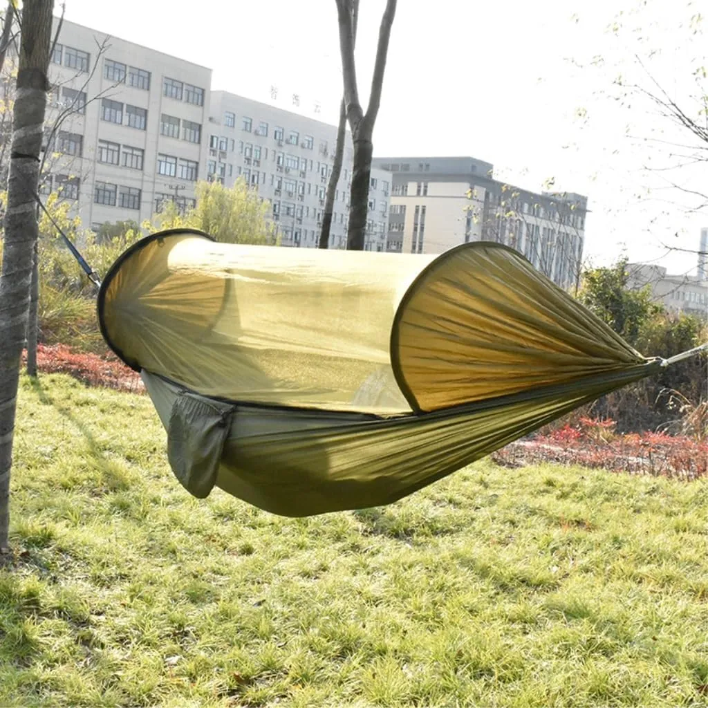 Hammock Double New Sunshade Quick-Open Pole Hammock Sheet Double Outdoor Camping Anti-Rollover Anti-Mosquito Hammock Hammock Outdoor(Green)