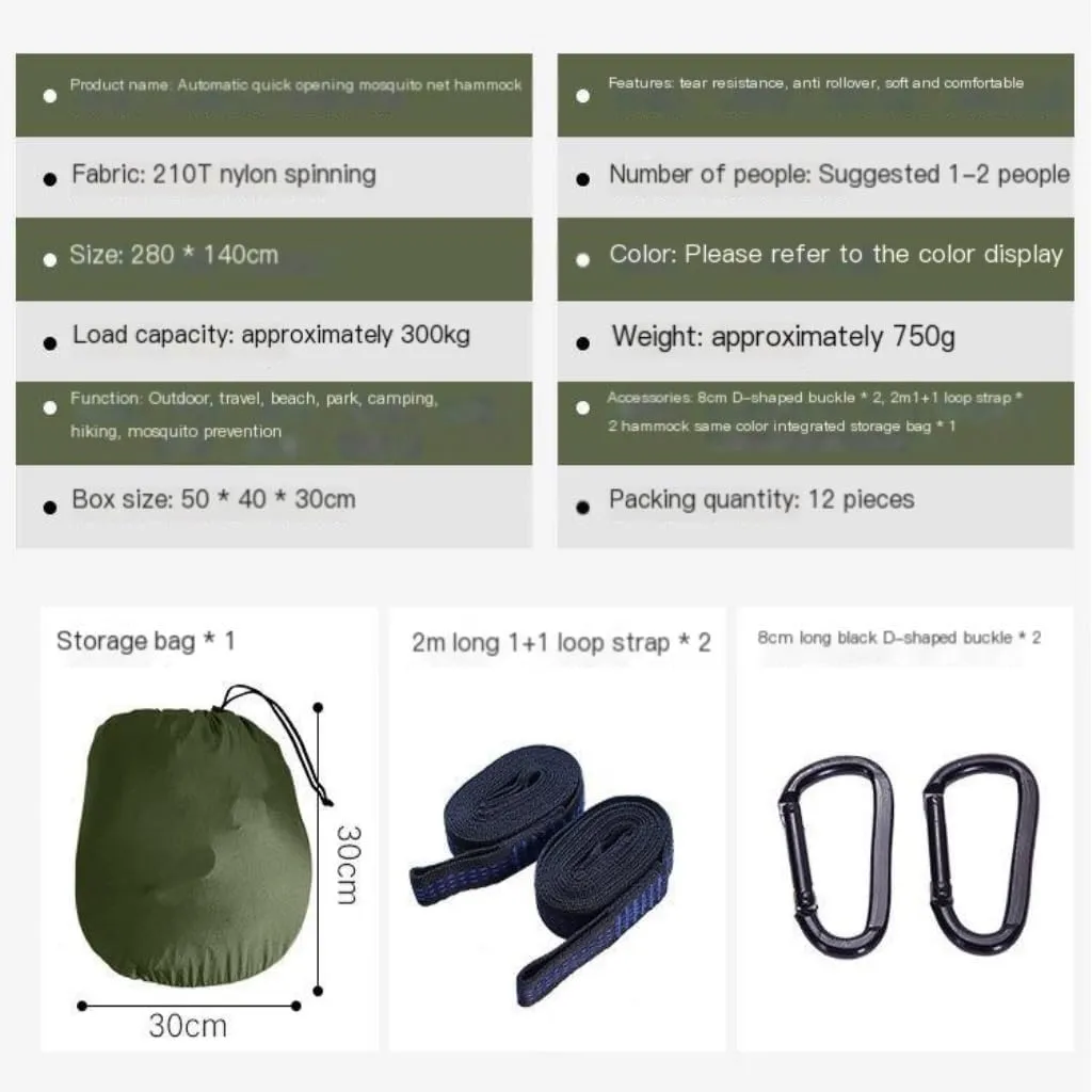 Hammock Double New Sunshade Quick-Open Pole Hammock Sheet Double Outdoor Camping Anti-Rollover Anti-Mosquito Hammock Hammock Outdoor(Green)
