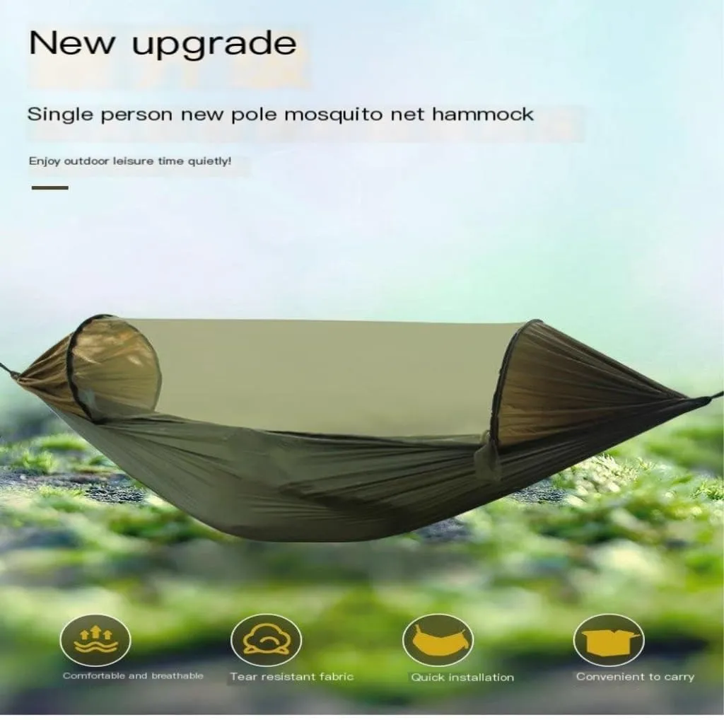 Hammock Double New Sunshade Quick-Open Pole Hammock Sheet Double Outdoor Camping Anti-Rollover Anti-Mosquito Hammock Hammock Outdoor(Green)