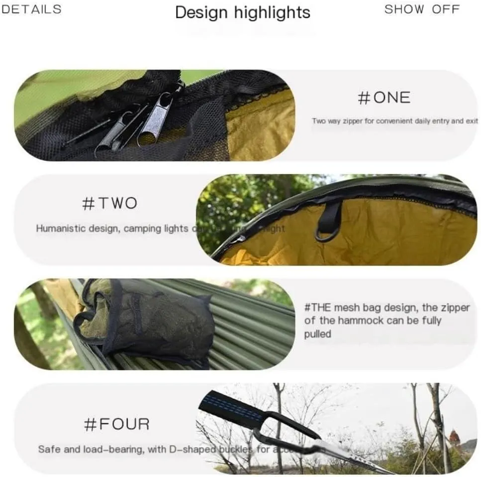 Hammock Double New Sunshade Quick-Open Pole Hammock Sheet Double Outdoor Camping Anti-Rollover Anti-Mosquito Hammock Hammock Outdoor(Green)