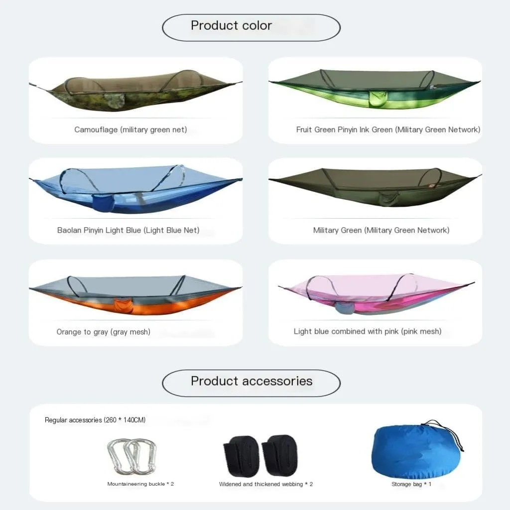 Hammock Double Outdoor Camping Camping Hammock Sheet Double Automatic Quick-Open Pole Mosquito Net Anti-Rollover Hammock Hammock Outdoor(Gray)