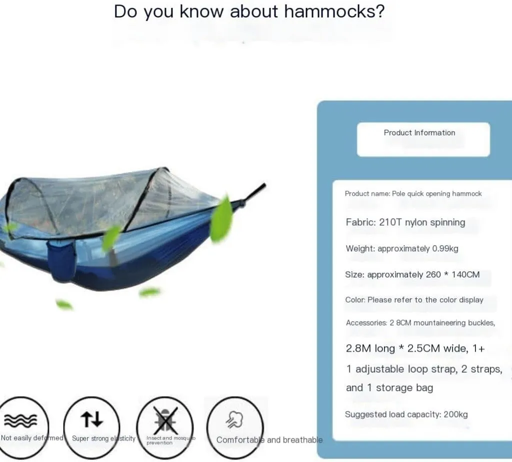 Hammock Double Outdoor Fully Automatic Quick-Opening Hammock with Mosquito Net, Outdoor Nylon Cloth Camping Pole Hammock Hammock Outdoor(Blue)