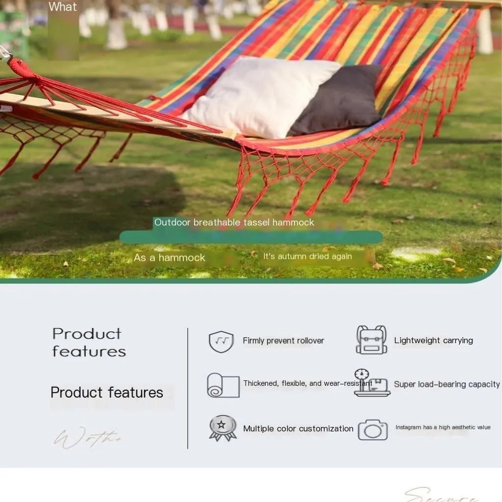 Hammock Double Outdoor Hammock Tassel Single Double Anti-Rollover Camping Thick Canvas Straight Stick Indoor Leisure Swing Hammock Outdoor(B)