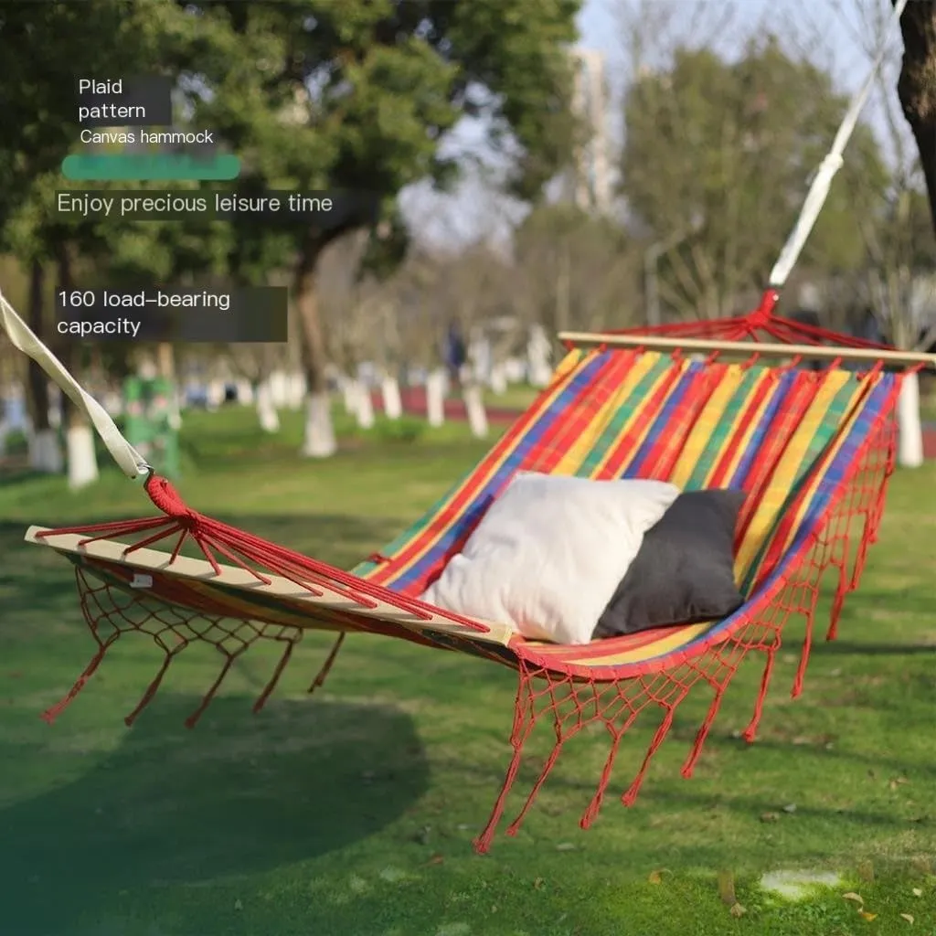 Hammock Double Outdoor Hammock Tassel Single Double Anti-Rollover Camping Thick Canvas Straight Stick Indoor Leisure Swing Hammock Outdoor(B)