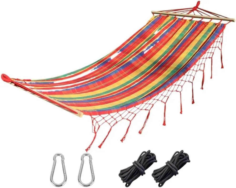 Hammock Double Outdoor Hammock Tassel Single Double Anti-Rollover Camping Thick Canvas Straight Stick Indoor Leisure Swing Hammock Outdoor(B)
