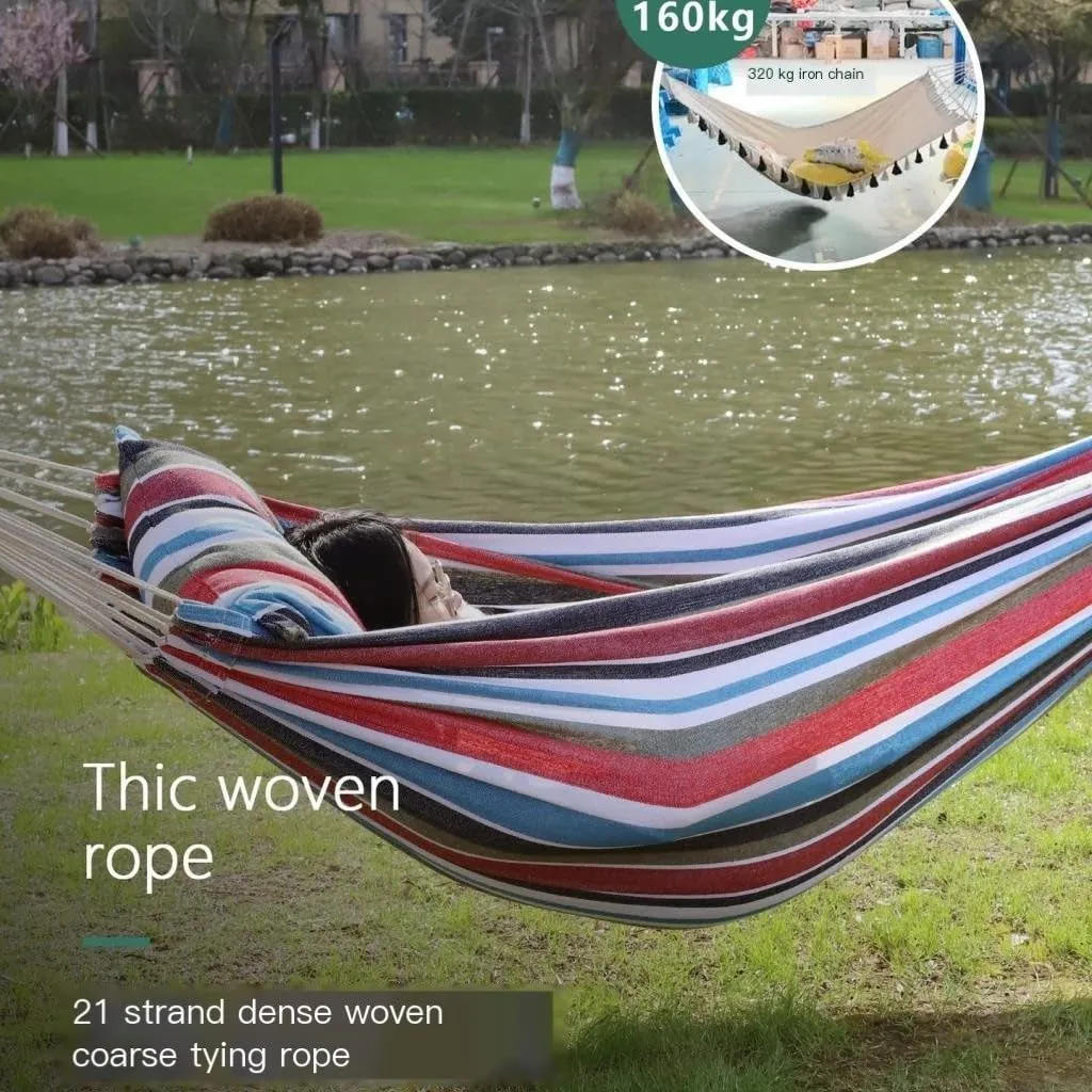 Hammock Double Outdoor Hammock Woven Tassel Thick Canvas Straight Stick Anti-Rollover Leisure Camping Single Double Swing Hammock Outdoor(White,A)
