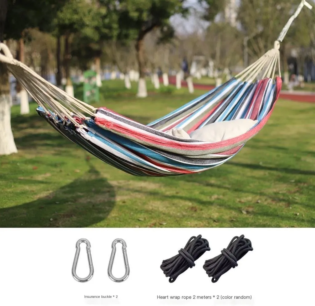 Hammock Double Outdoor Hammock Woven Tassel Thick Canvas Straight Stick Anti-Rollover Leisure Camping Single Double Swing Hammock Outdoor(White,A)