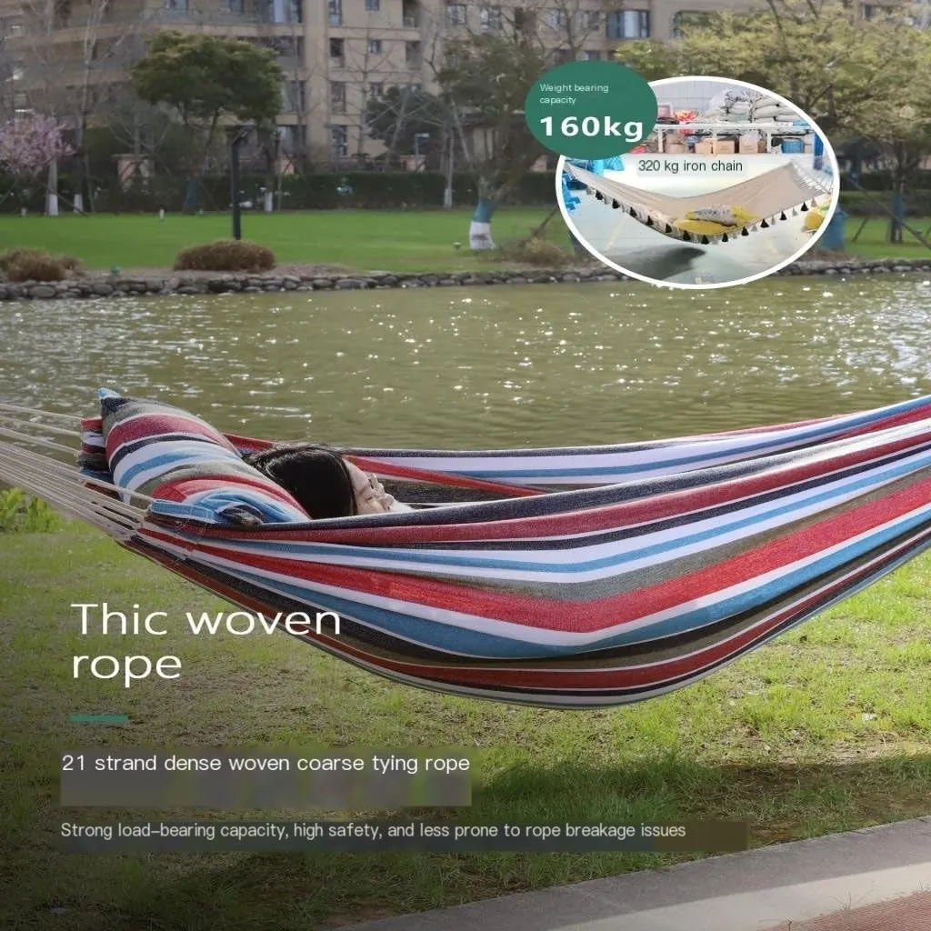 Hammock Double Outdoor Hammock Woven Tassel Thick Canvas Straight Stick Anti-Rollover Leisure Camping Single Double Swing Hammock Outdoor(White,B)