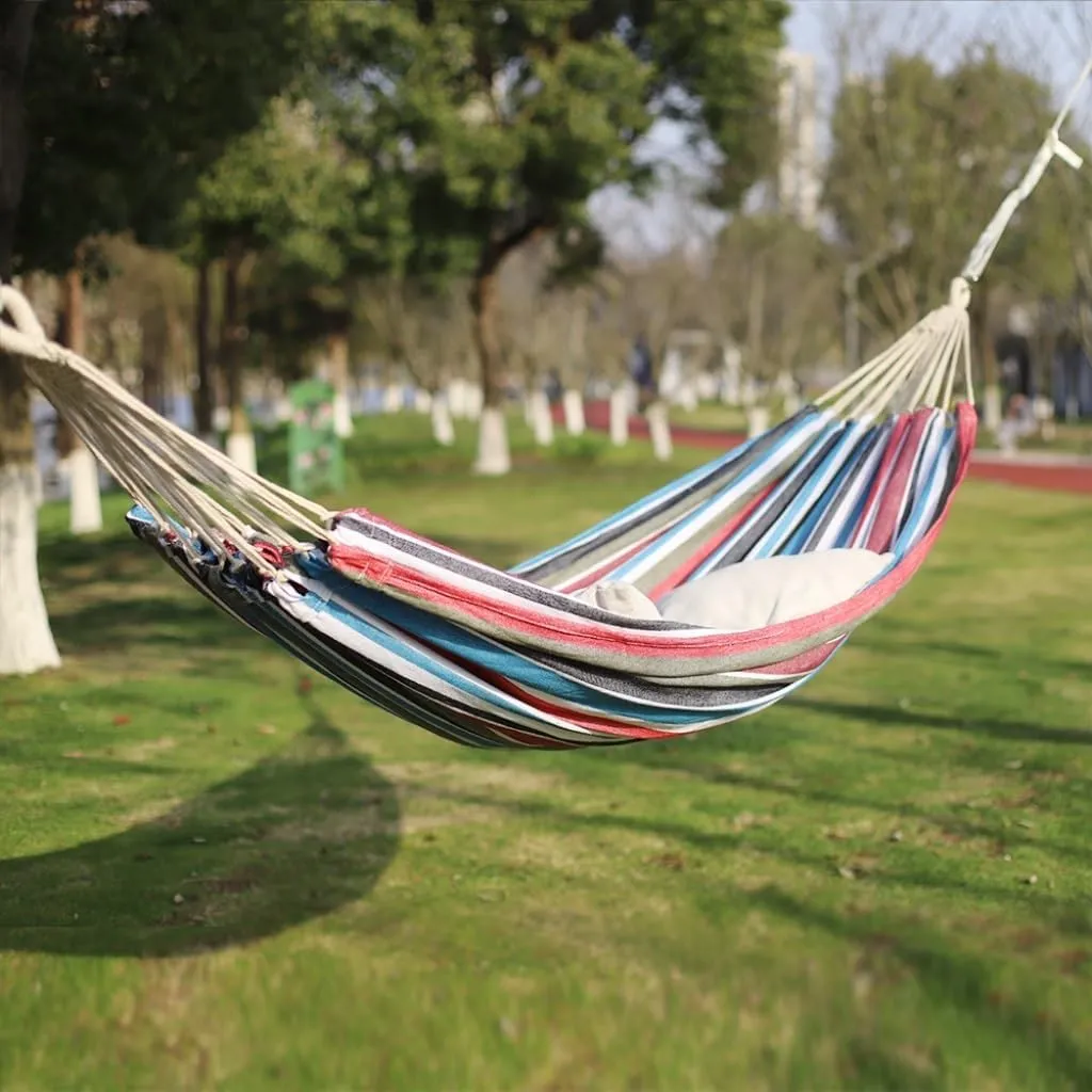 Hammock Double Outdoor Hammock Woven Tassel Thick Canvas Straight Stick Anti-Rollover Leisure Camping Single Double Swing Hammock Outdoor(White,B)