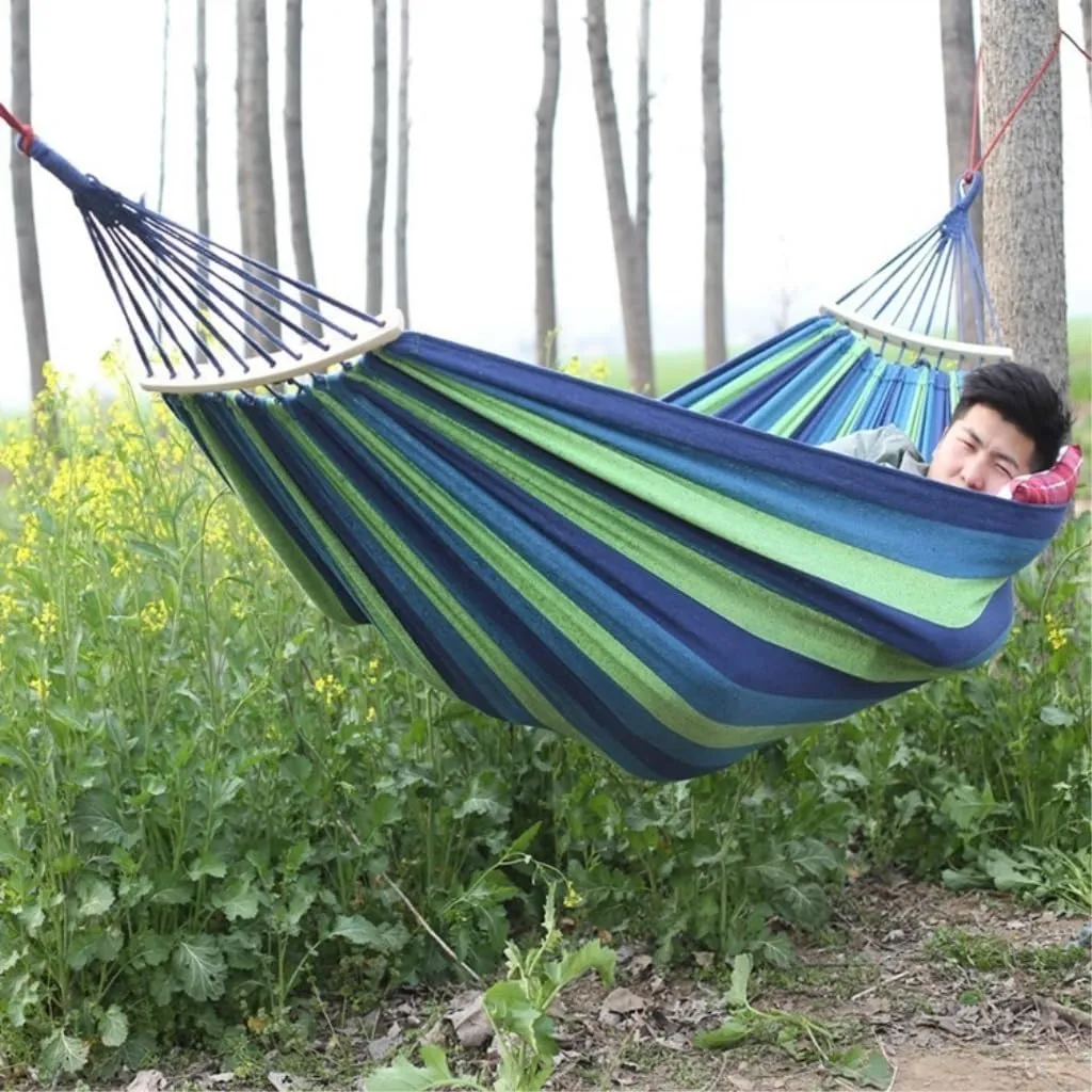 Hammock Double Outdoor Thickened Canvas Outdoor Bent Wooden Stick Hanging Sheet Double Hammock Swing Dormitory Camping Hammock Outdoor(Blue,B)