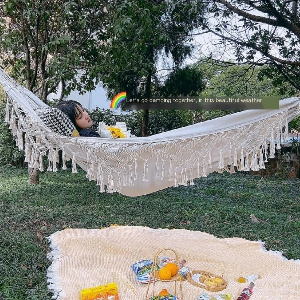 Hammock Double Tassel Outdoor Camping Hammock Outdoor Single Double Camping Swing Adult Thick Canvas Leisure Homestay Hammock Outdoor(Large)