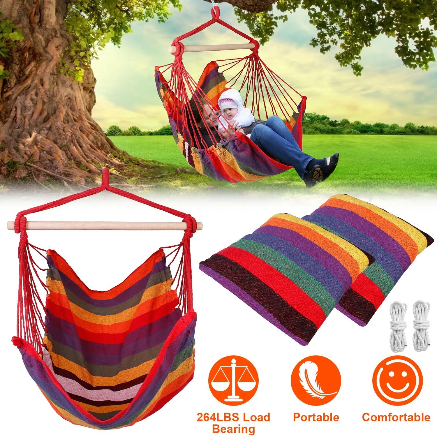 Hammock Hanging Chair Canvas with 2 Pillows