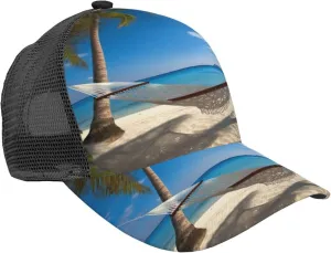 Hammock Hanging from Palm Trees Printed Baseball Cap - Breathable Mesh Adjustable Snap Back Closure, 6-7