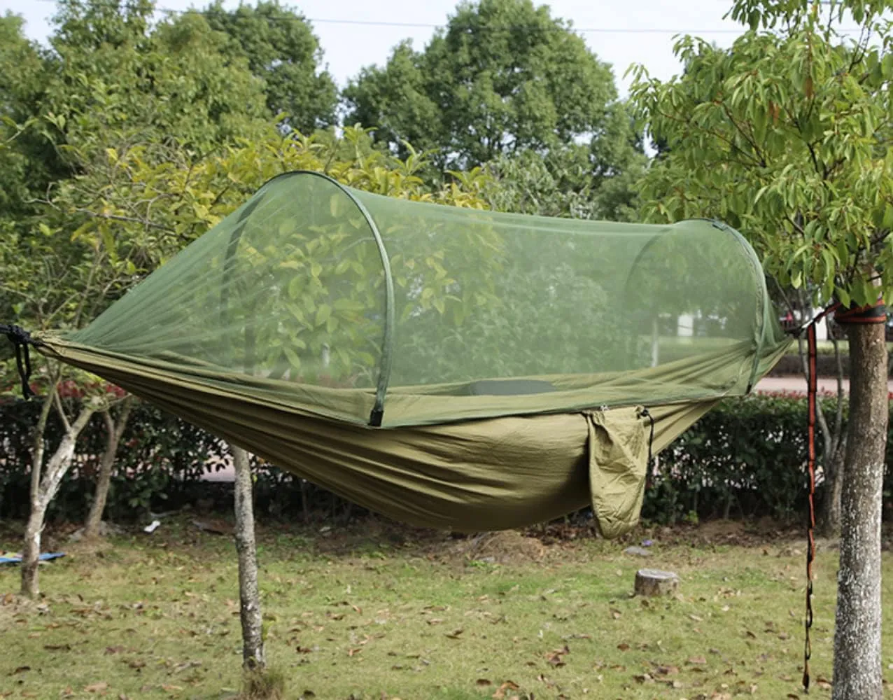 Hammock with Mosquito Net Outdoor Double Nylon Parachute Cloth Camping Mosquito Net Quick Open Hammock Control Hammock (Turquoise)