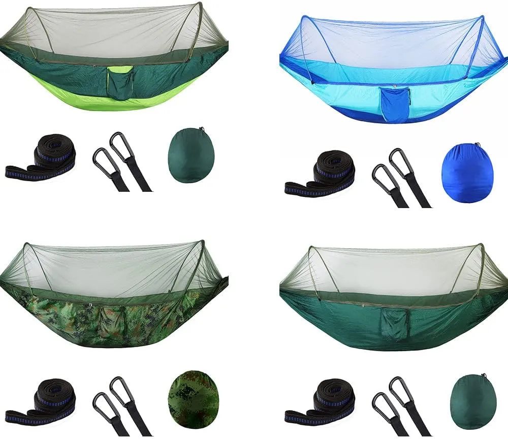 Hammock with Mosquito Net Outdoor Double Nylon Parachute Cloth Camping Mosquito Net Quick Open Hammock Control Hammock (Turquoise)
