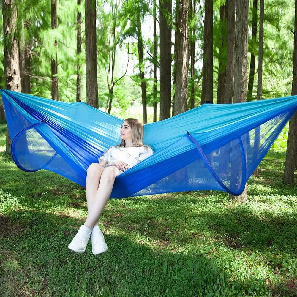 Hammock with Mosquito Net Outdoor Double Nylon Parachute Cloth Camping Mosquito Net Quick Open Hammock Control Hammock (Turquoise)