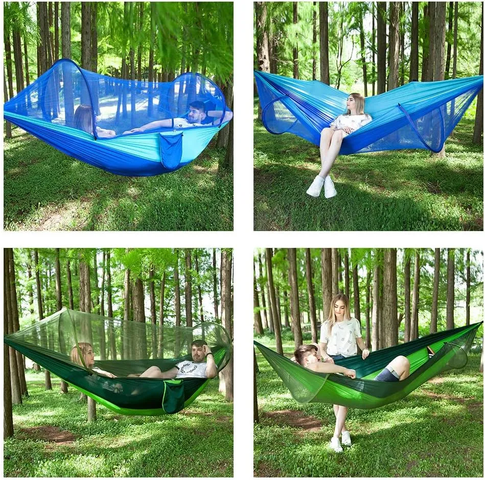 Hammock with Mosquito Net Outdoor Double Nylon Parachute Cloth Camping Mosquito Net Quick Open Hammock Control Hammock (Turquoise)