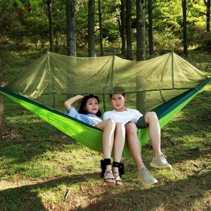 Hammock with Mosquito Net,Outdoor Double Camping Hammock,Lightweight Nylon Parachute Hammocks for Hiking Travel Beach Light Green 260x140cm
