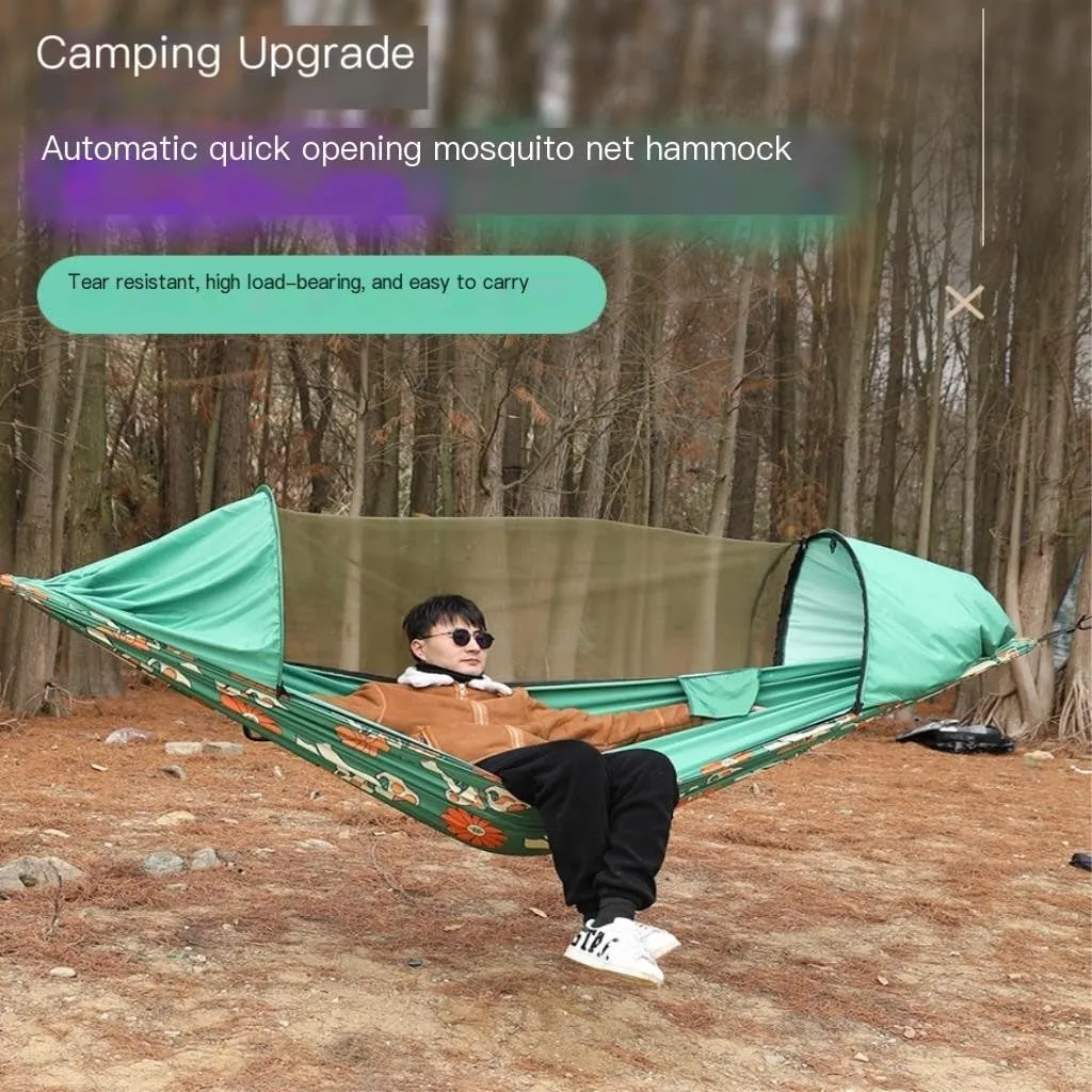 Hammocks Automatic Quick-Open Pole Double-Layer Hammock with Sunshade Outdoor Camper Double Hammock with Mosquito Net Camping Hammocks(A)