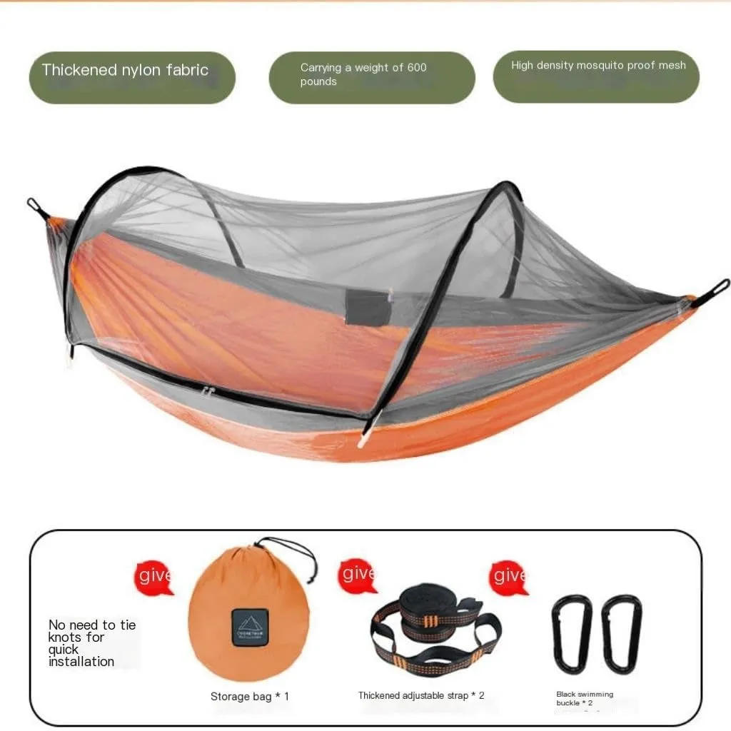 Hammocks Outdoor Anti-Mosquito Hammock Automatic Quick Opening with Mosquito Net Parachute Cloth Single Double Portable Camping Hammocks(Orange)