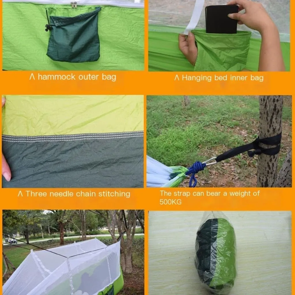 Hammocks Outdoor Camping Outdoor Mosquito Net Hammock Double 210T Nylon Anti-Mosquito Parachute Cloth Air Camping Tent Camping Hammocks(Green)