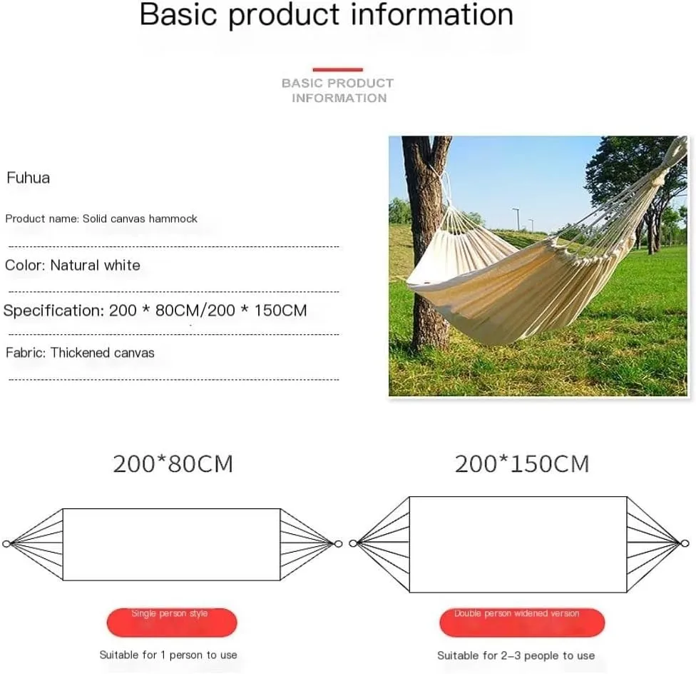 Hammocks Outdoor Camping White Canvas Outdoor Hammock Solid Color 2 Meter Single and Double Hammock Outdoor Hammock Camping Hammocks(200 * 150cm)