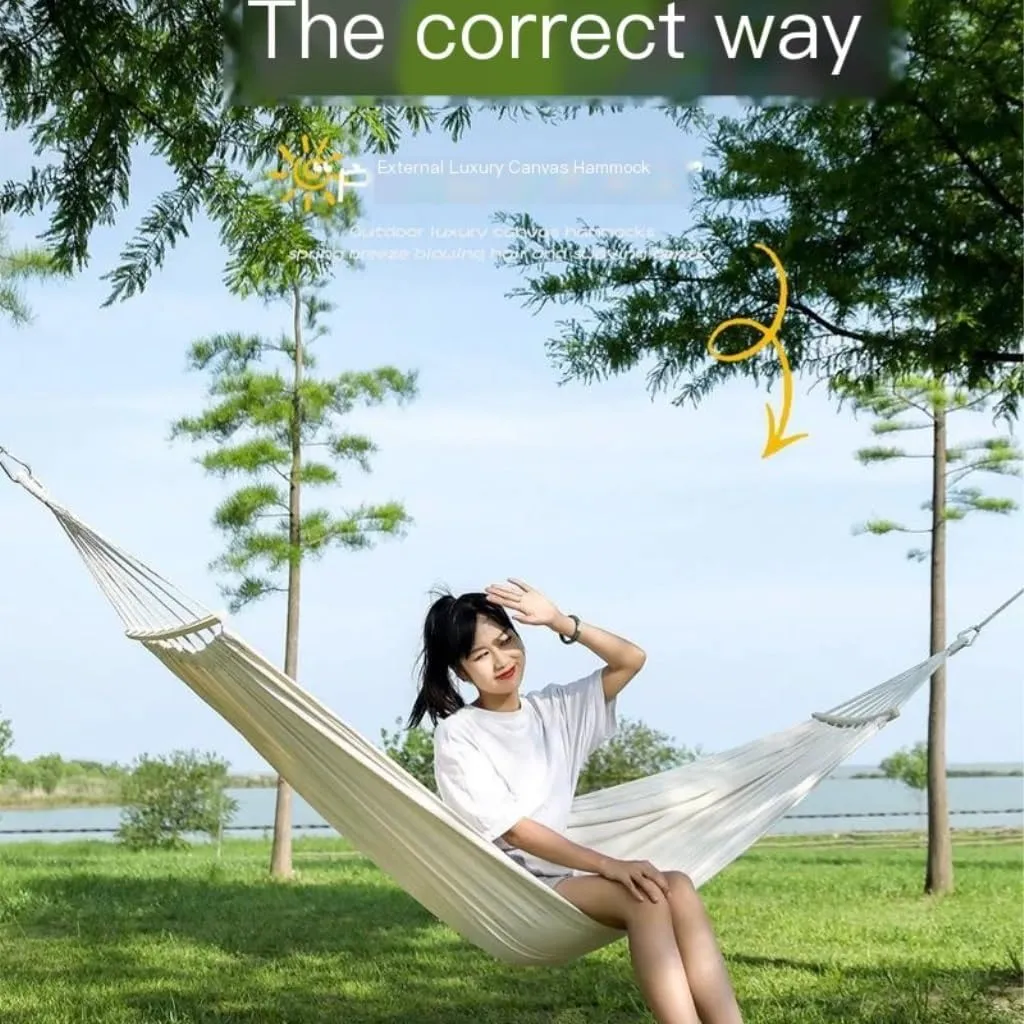 Hammocks Thickened Canvas Hammock Outdoor Anti-Rollover Single Double Swing Hand-Woven Canvas Hammock with Curved Stick Camping Hammocks(Beige,Aa)