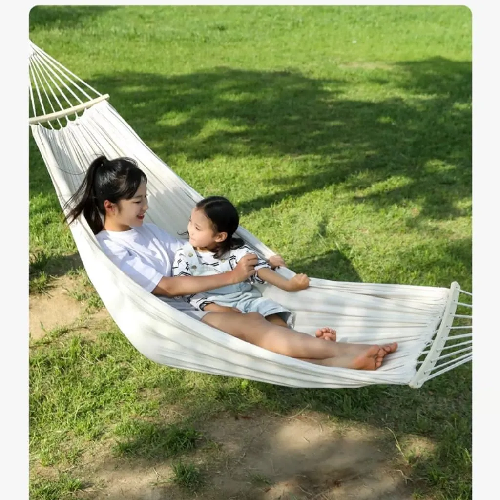 Hammocks Thickened Canvas Hammock Outdoor Anti-Rollover Single Double Swing Hand-Woven Canvas Hammock with Curved Stick Camping Hammocks(Beige,Aa)