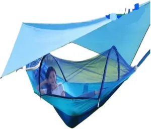 Hamock Hammock Outdoor Sleeping Double Anti-Rollover with Mosquito Net Courtyard Camping Thickened Indoor Home Swing Hanmock(Blue,B)