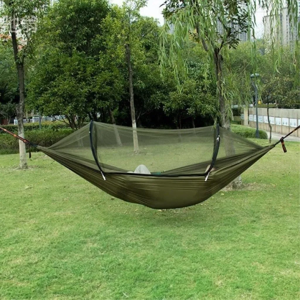 Hamock Outdoor Anti-Mosquito Hammock Automatic Quick Opening with Mosquito Net Parachute Cloth Single Double Hanmock(E)