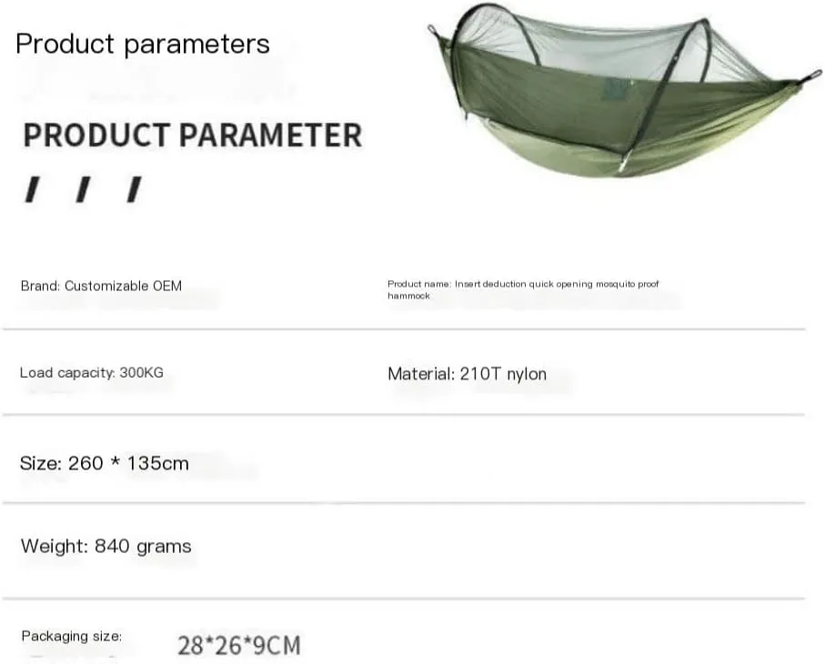 Hamock Outdoor Anti-Mosquito Hammock Automatic Quick Opening with Mosquito Net Parachute Cloth Single Double Hanmock(E)