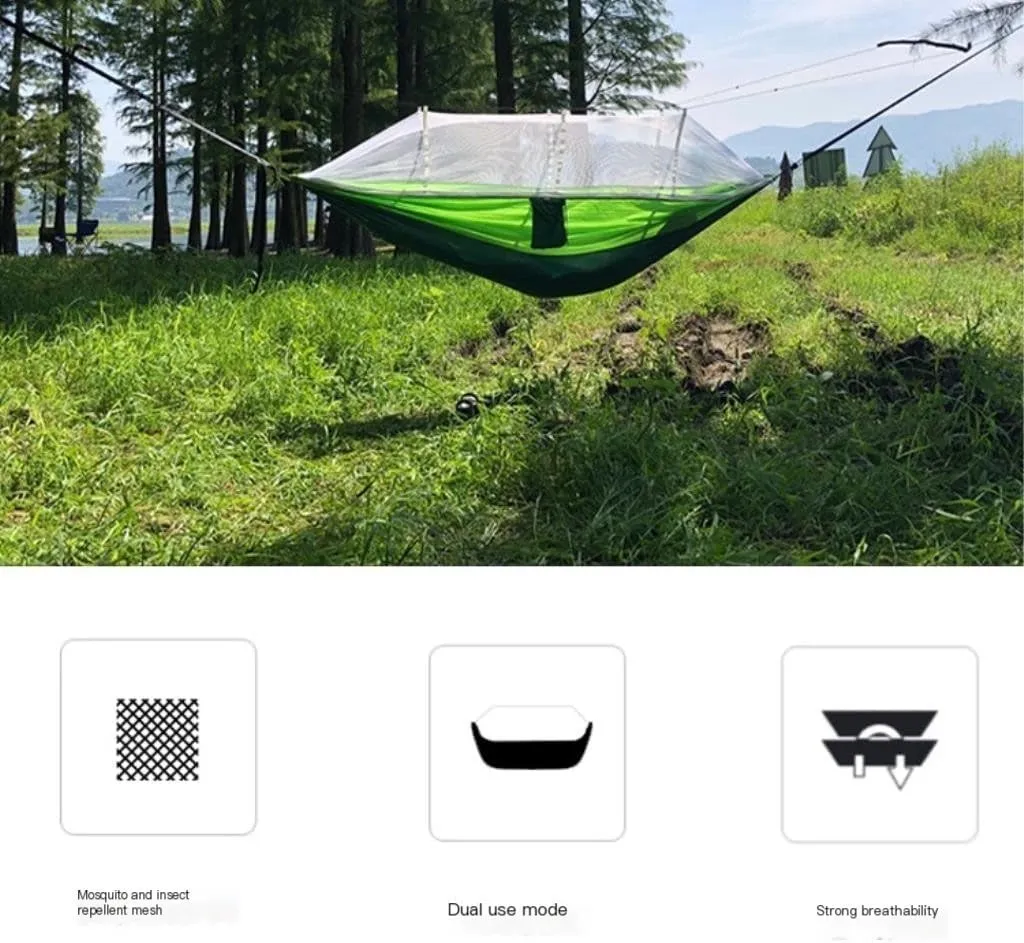 Hamock Outdoor Anti-Mosquito Hammock Automatic Quick Opening with Mosquito Net Parachute Cloth Single Double Hanmock(Green,B)