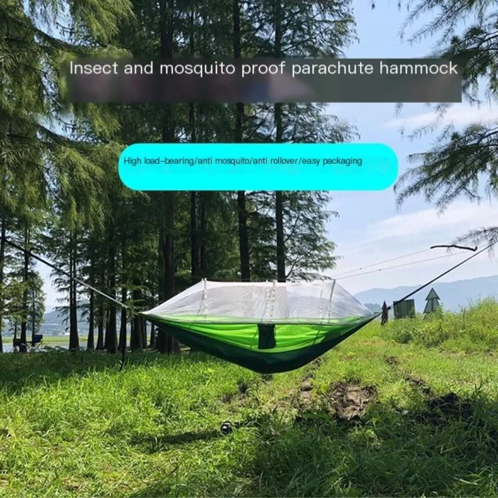 Hamock Outdoor Anti-Mosquito Hammock Automatic Quick Opening with Mosquito Net Parachute Cloth Single Double Hanmock(Green,B)