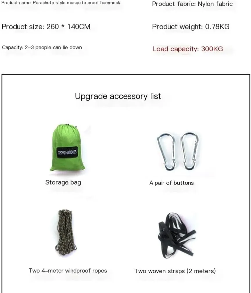 Hamock Outdoor Anti-Mosquito Hammock Automatic Quick Opening with Mosquito Net Parachute Cloth Single Double Hanmock(Green,B)