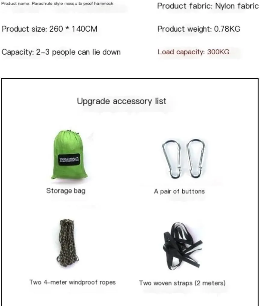 Hamock Outdoor Anti-Mosquito Hammock Automatic Quick Opening with Mosquito Net Parachute Cloth Single Double Hanmock(Green,B)