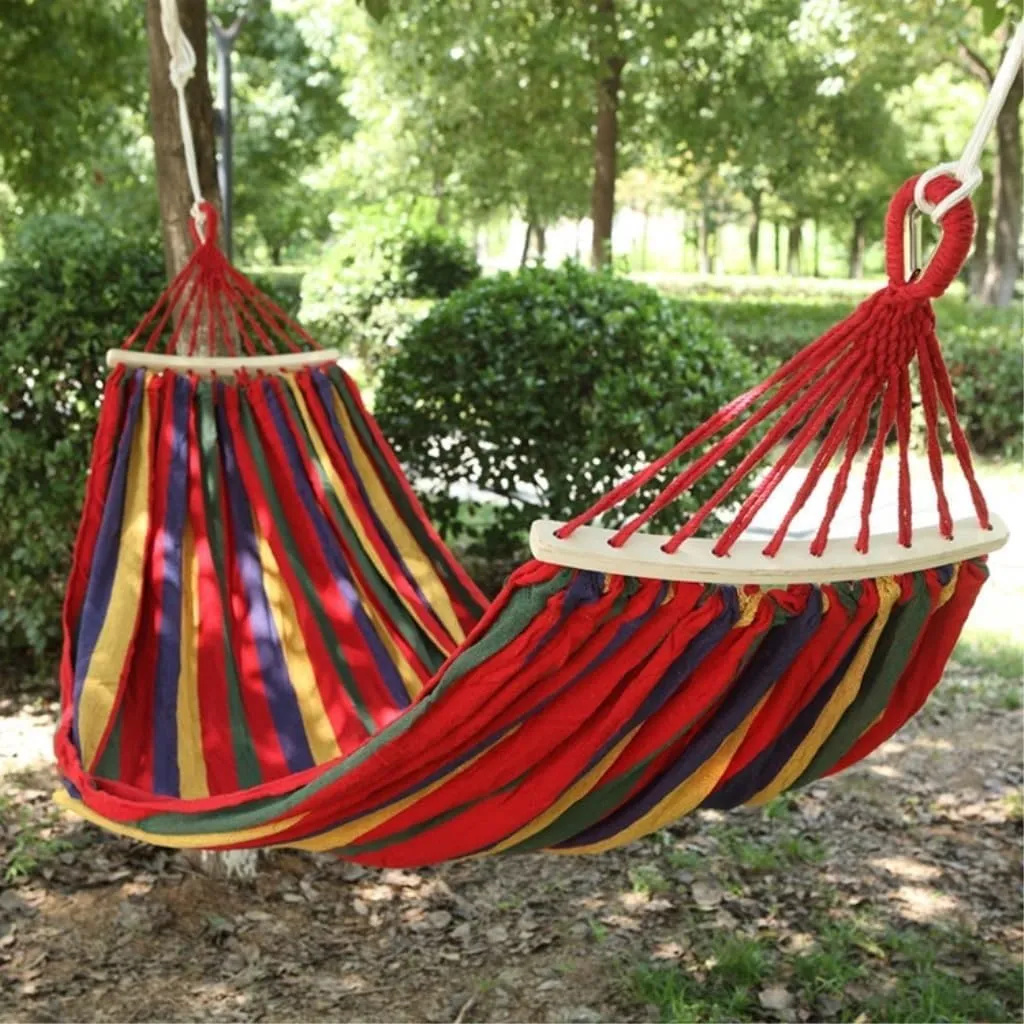Hamock Outdoor Thickened Canvas Outdoor Bent Wooden Stick Hanging Sheet Double Hammock Swing Dormitory Camping Hanmock(Blue,A)