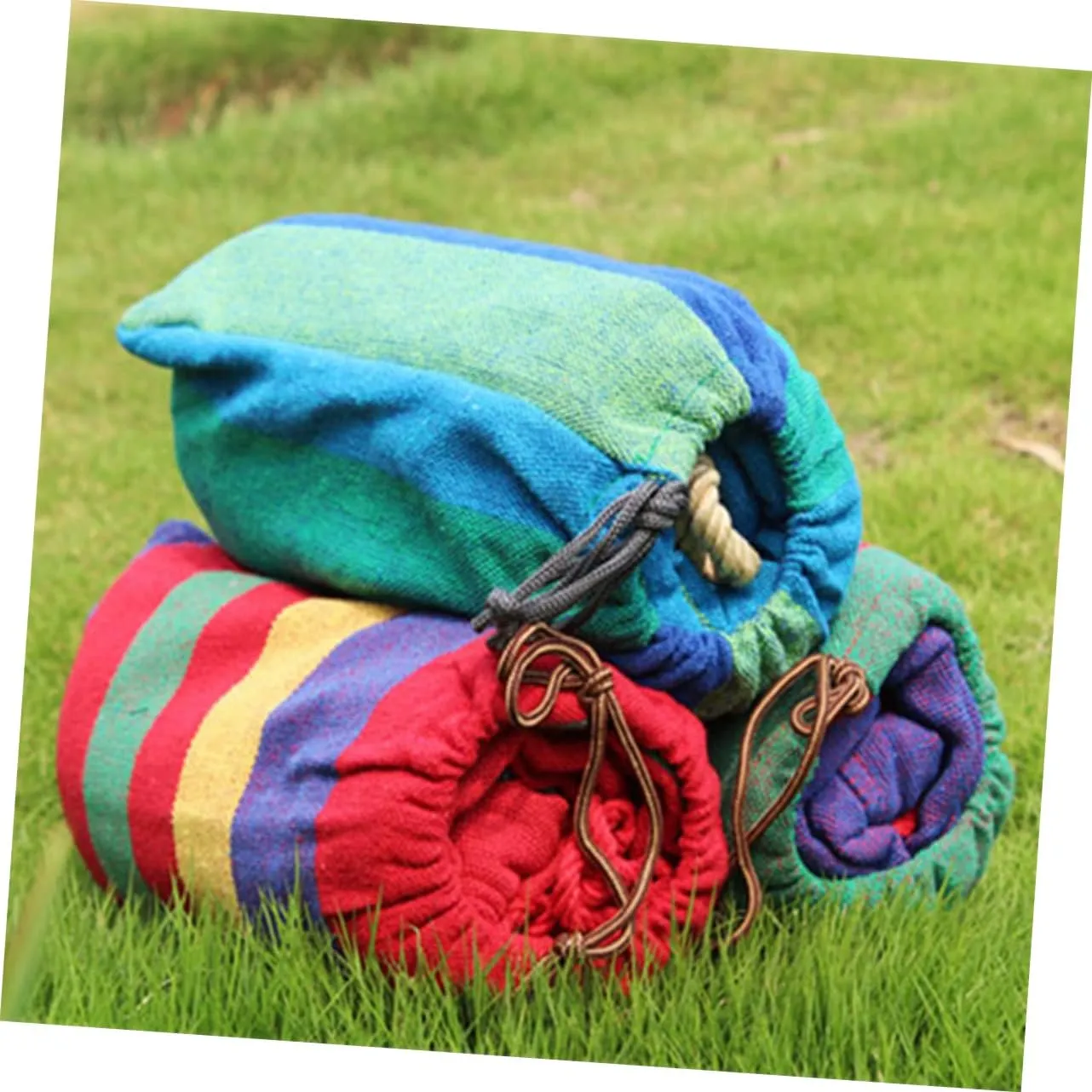 HANABASS 1set Striped Canvas Hammock Portable Lightweight Double Hammock for Camping Travel Fishing Relaxation Red