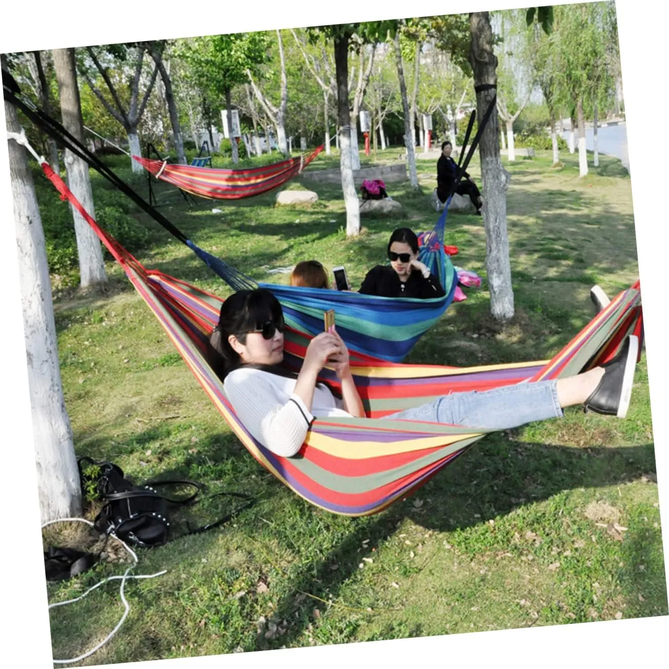 HANABASS 1set Striped Canvas Hammock Portable Lightweight Double Hammock for Camping Travel Fishing Relaxation Red