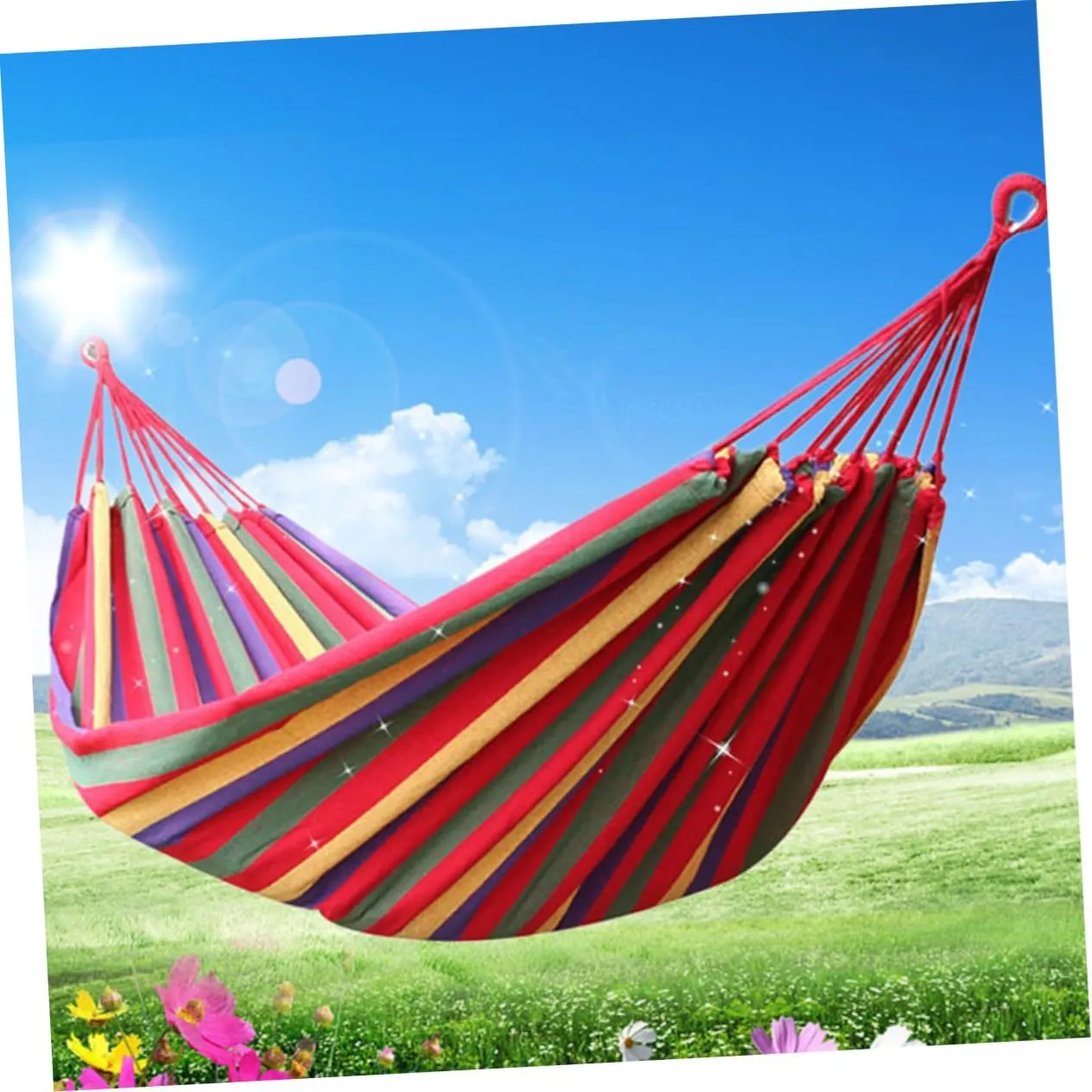 HANABASS 1set Striped Canvas Hammock Portable Lightweight Double Hammock for Camping Travel Fishing Relaxation Red