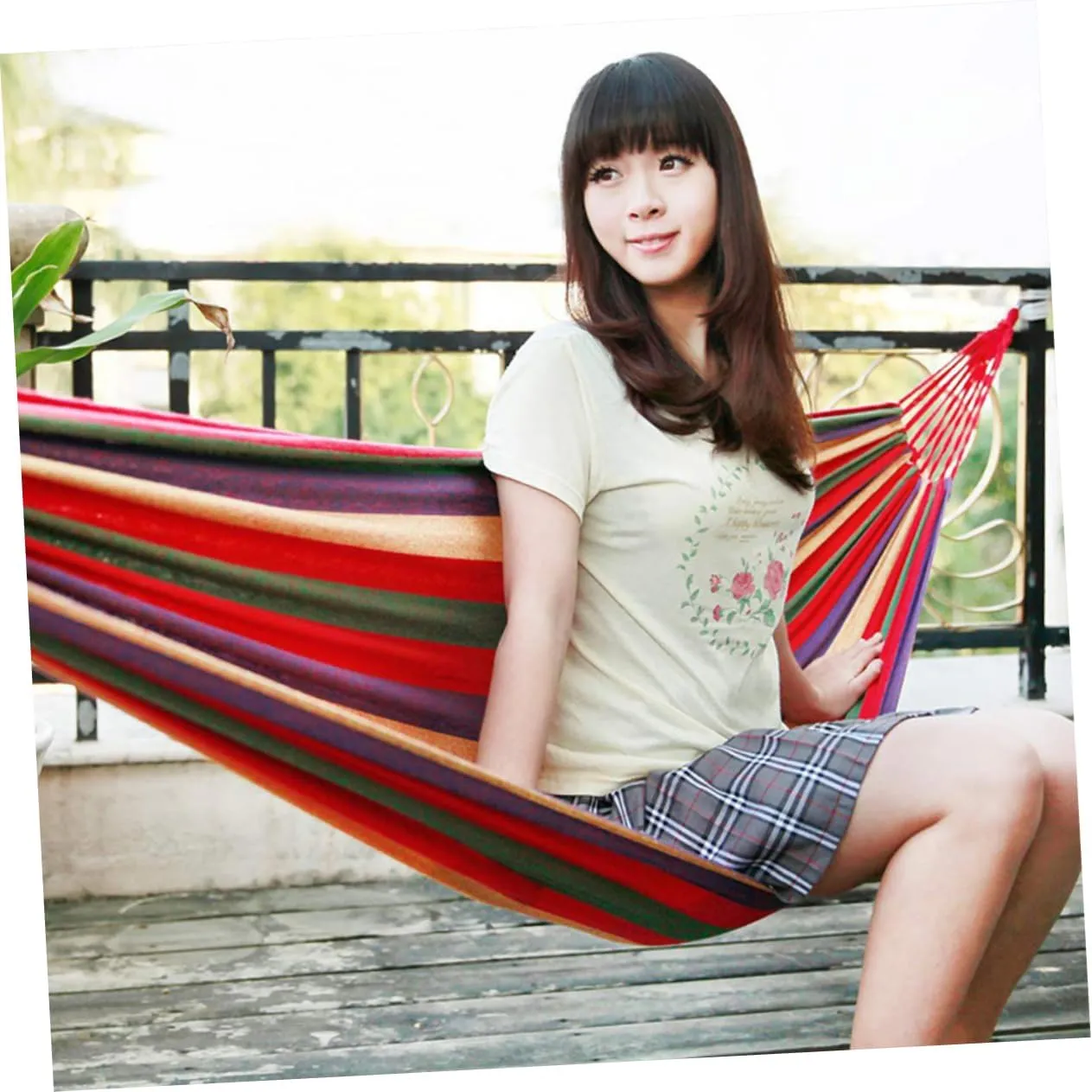 HANABASS 1set Striped Canvas Hammock Portable Lightweight Double Hammock for Camping Travel Fishing Relaxation Red
