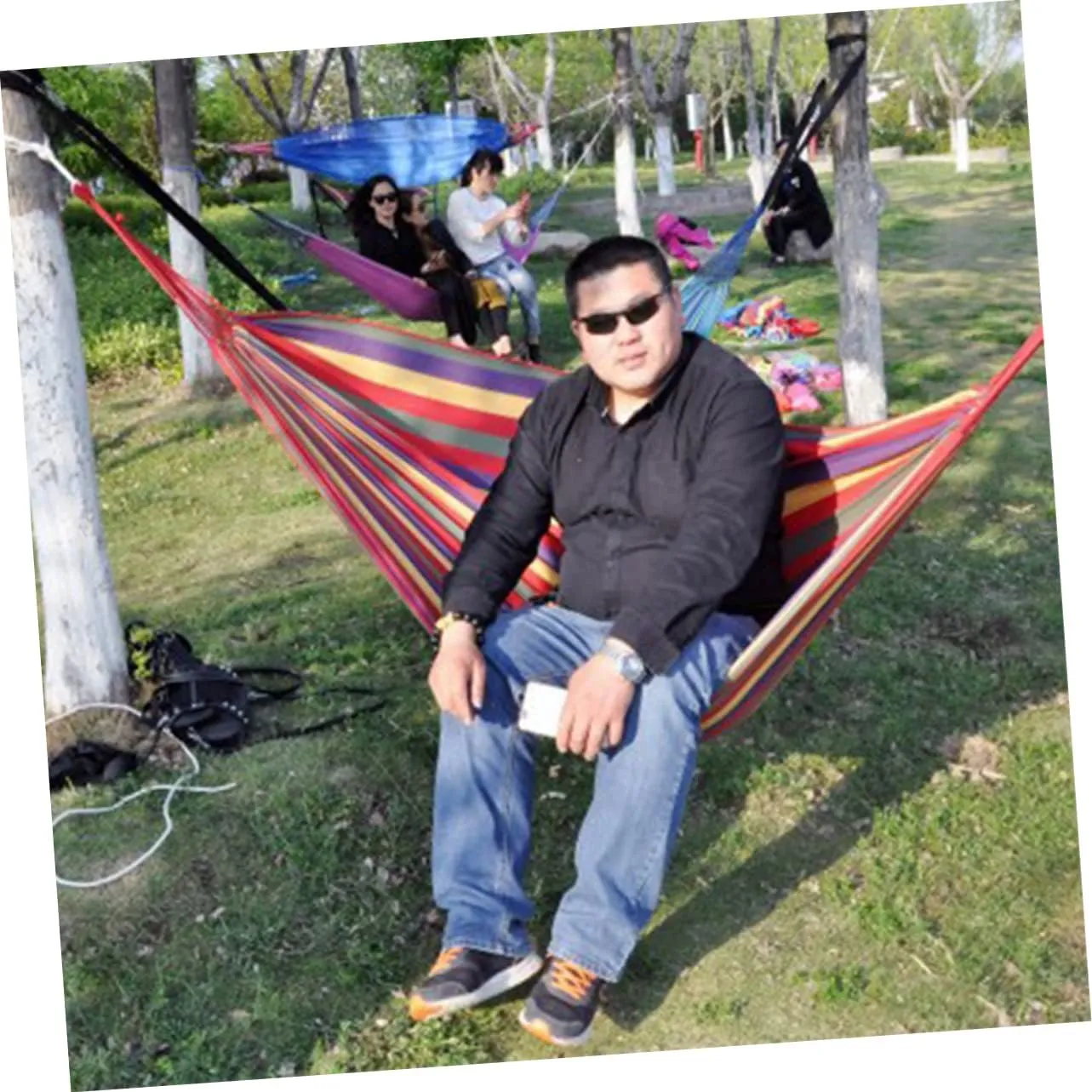 HANABASS 1set Striped Canvas Hammock Portable Lightweight Double Hammock for Camping Travel Fishing Relaxation Red