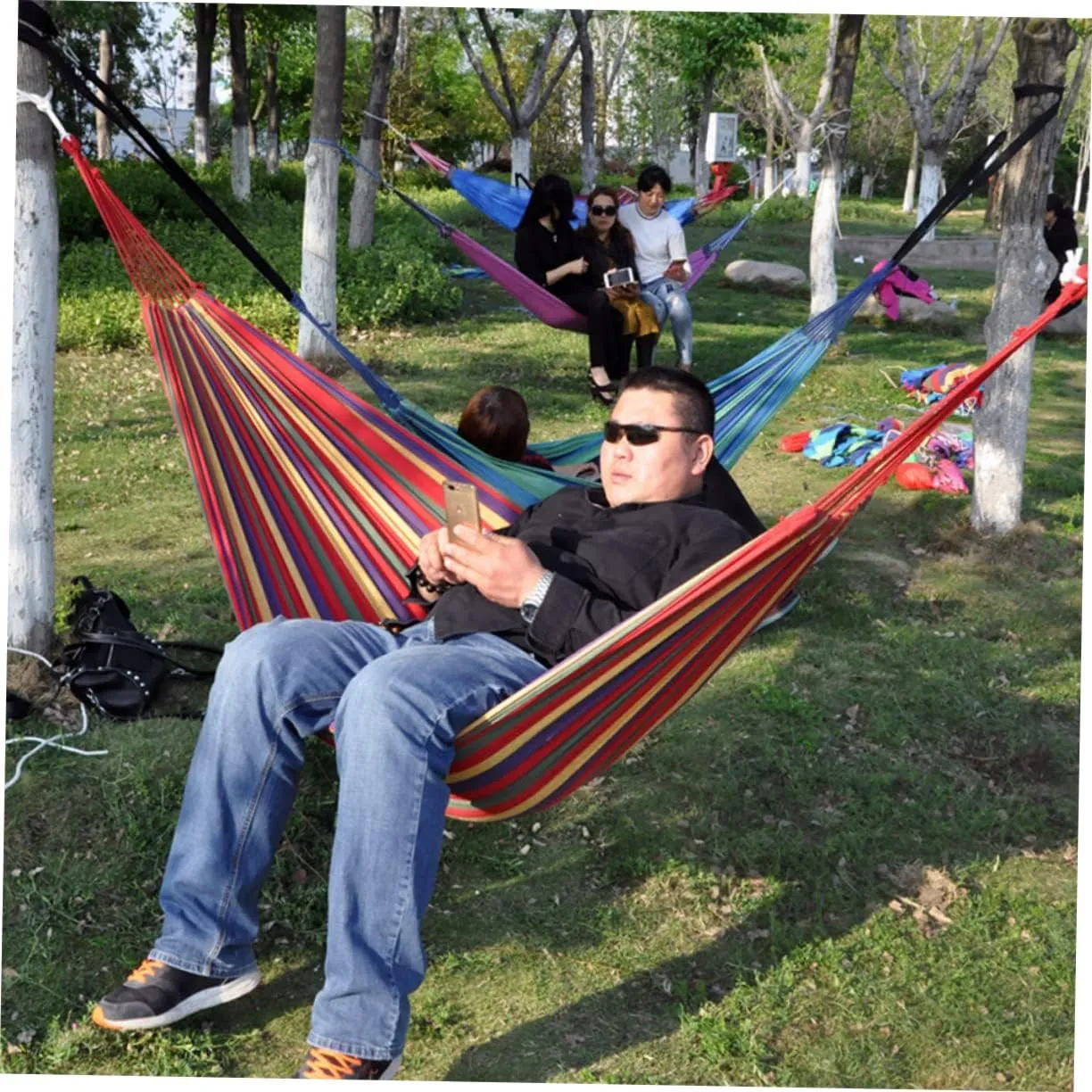 HANABASS 1set Striped Canvas Hammock Portable Lightweight Double Hammock for Camping Travel Fishing Relaxation Red