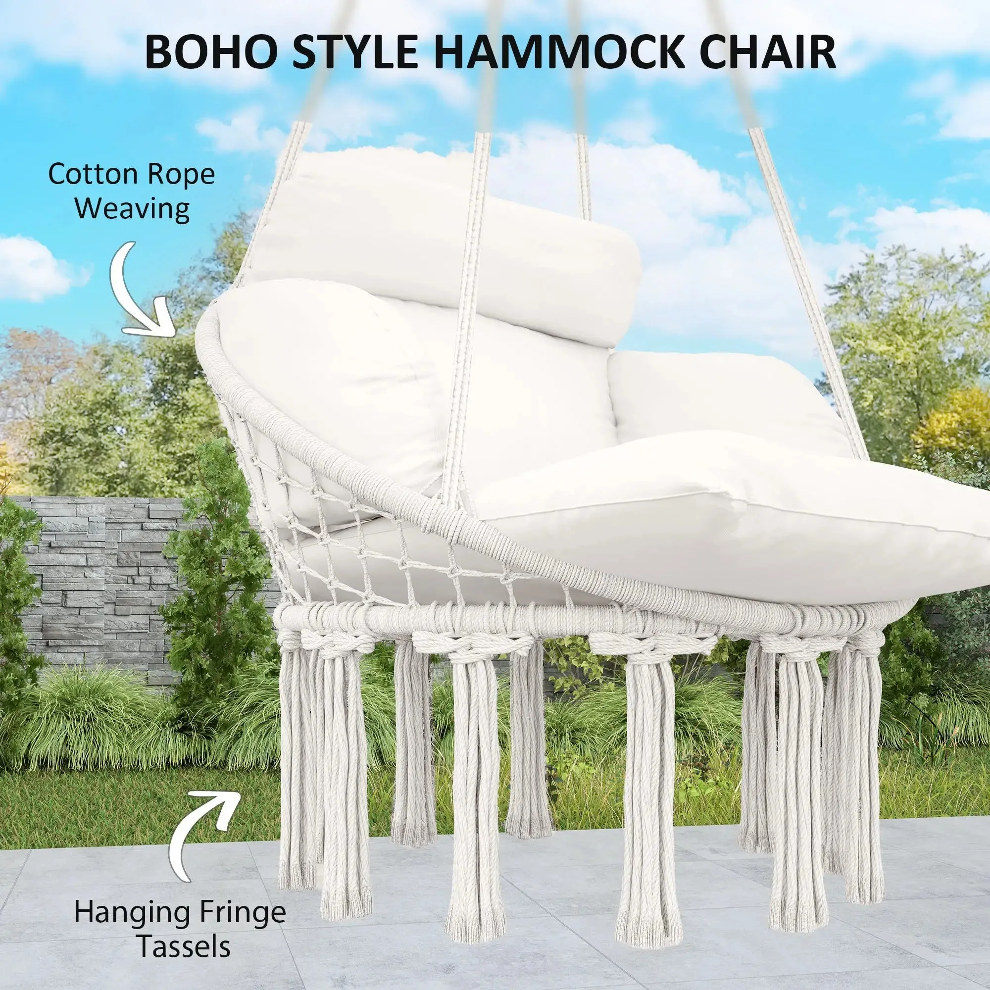 Hanging Garden White Seat Cushion, Swing Hammock Indoor Exclusive collection Chair Style For Robust Cream With Rope Soft Outdoor Cotton Outsunny Boho