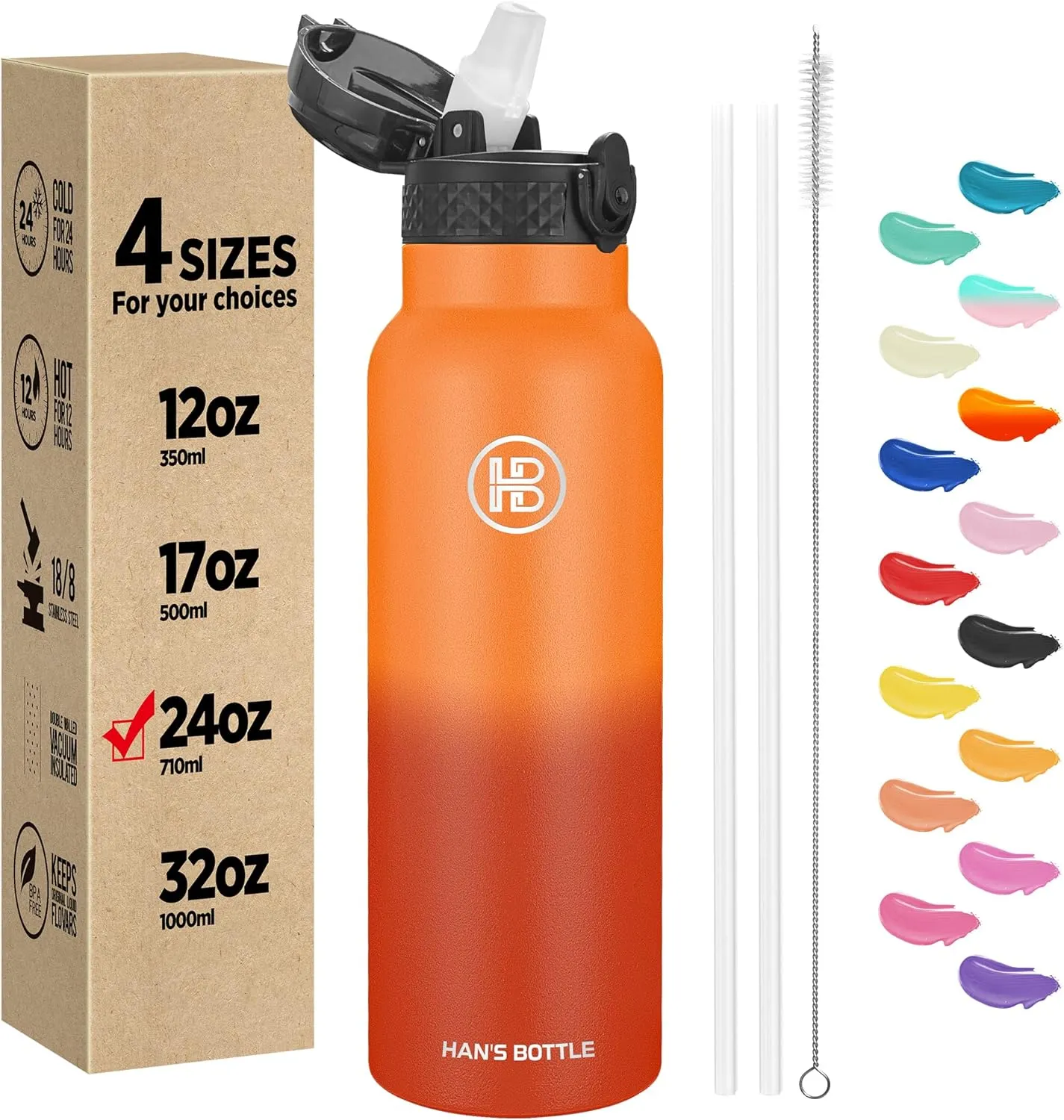 Han's Bottle Sports Water Bottle - 24 Oz, Straw Lid, Leak Proof, Vacuum Insulated Stainless Steel, Double Walled, Thermo Mug,Fire