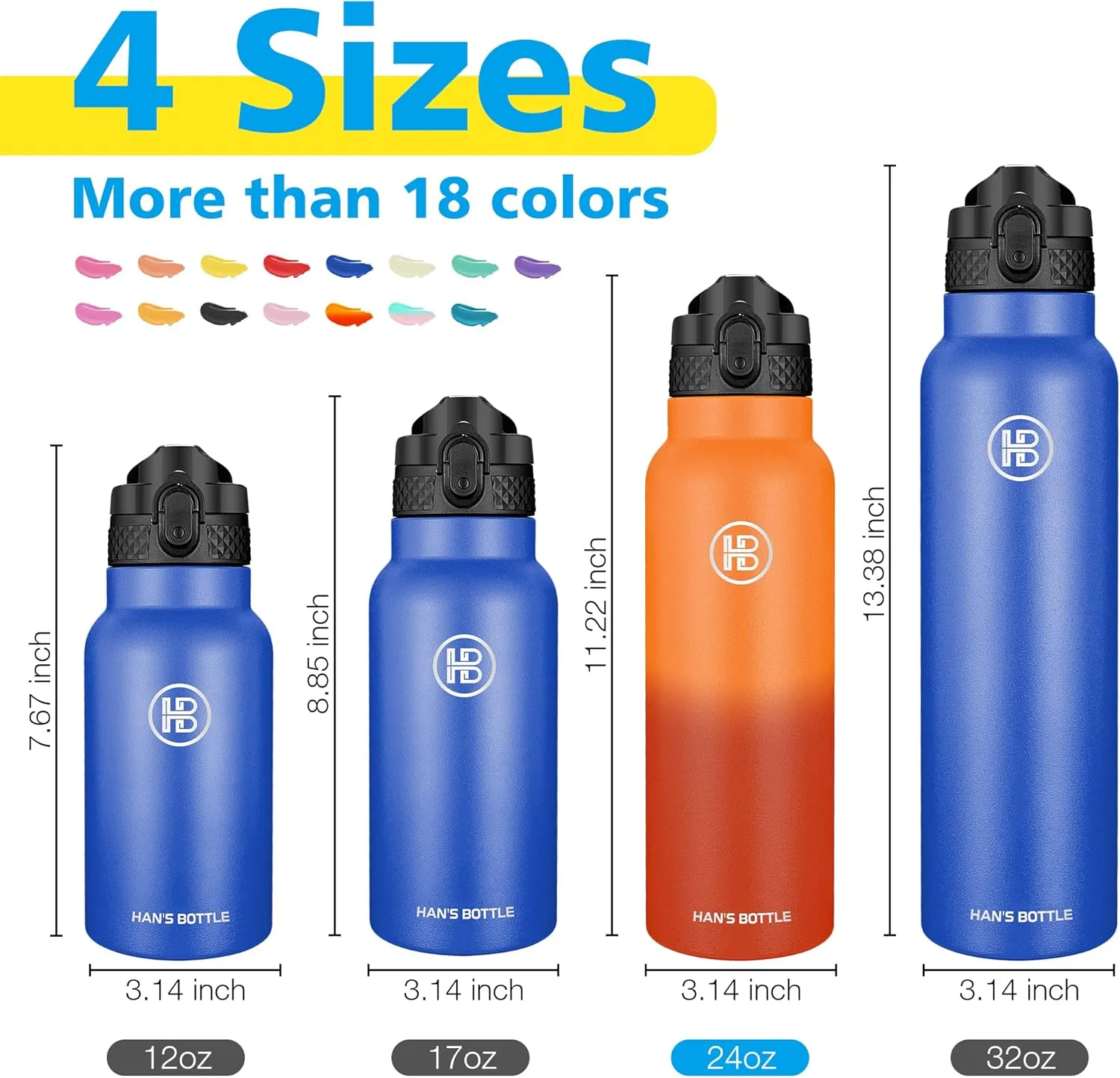 Han's Bottle Sports Water Bottle - 24 Oz, Straw Lid, Leak Proof, Vacuum Insulated Stainless Steel, Double Walled, Thermo Mug,Fire