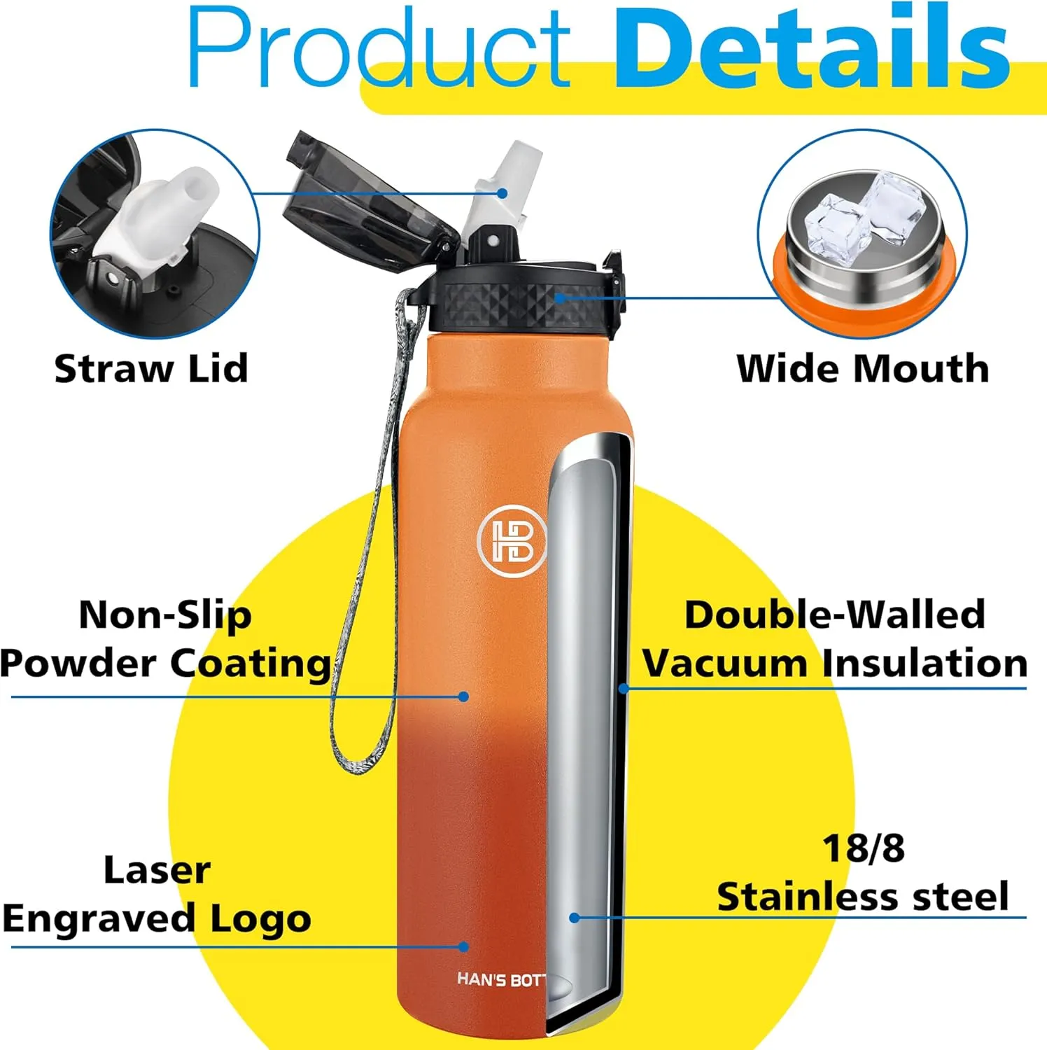 Han's Bottle Sports Water Bottle - 24 Oz, Straw Lid, Leak Proof, Vacuum Insulated Stainless Steel, Double Walled, Thermo Mug,Fire