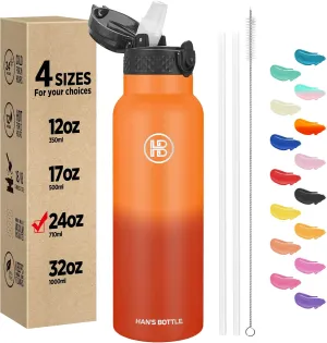Han's Bottle Sports Water Bottle - 24 Oz, Straw Lid, Leak Proof, Vacuum Insulated Stainless Steel, Double Walled, Thermo Mug,Fire