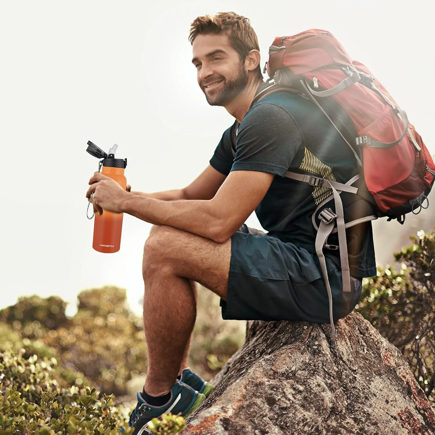 Han's Bottle Sports Water Bottle - 24 Oz, Straw Lid, Leak Proof, Vacuum Insulated Stainless Steel, Double Walled, Thermo Mug,Fire